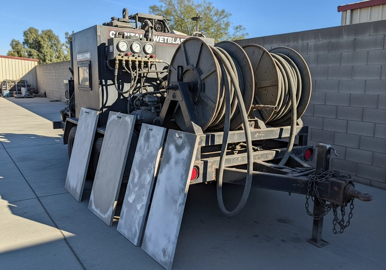 Mobile blasting equipment and crew ready for on-site surface preparation work at a commercial facility.