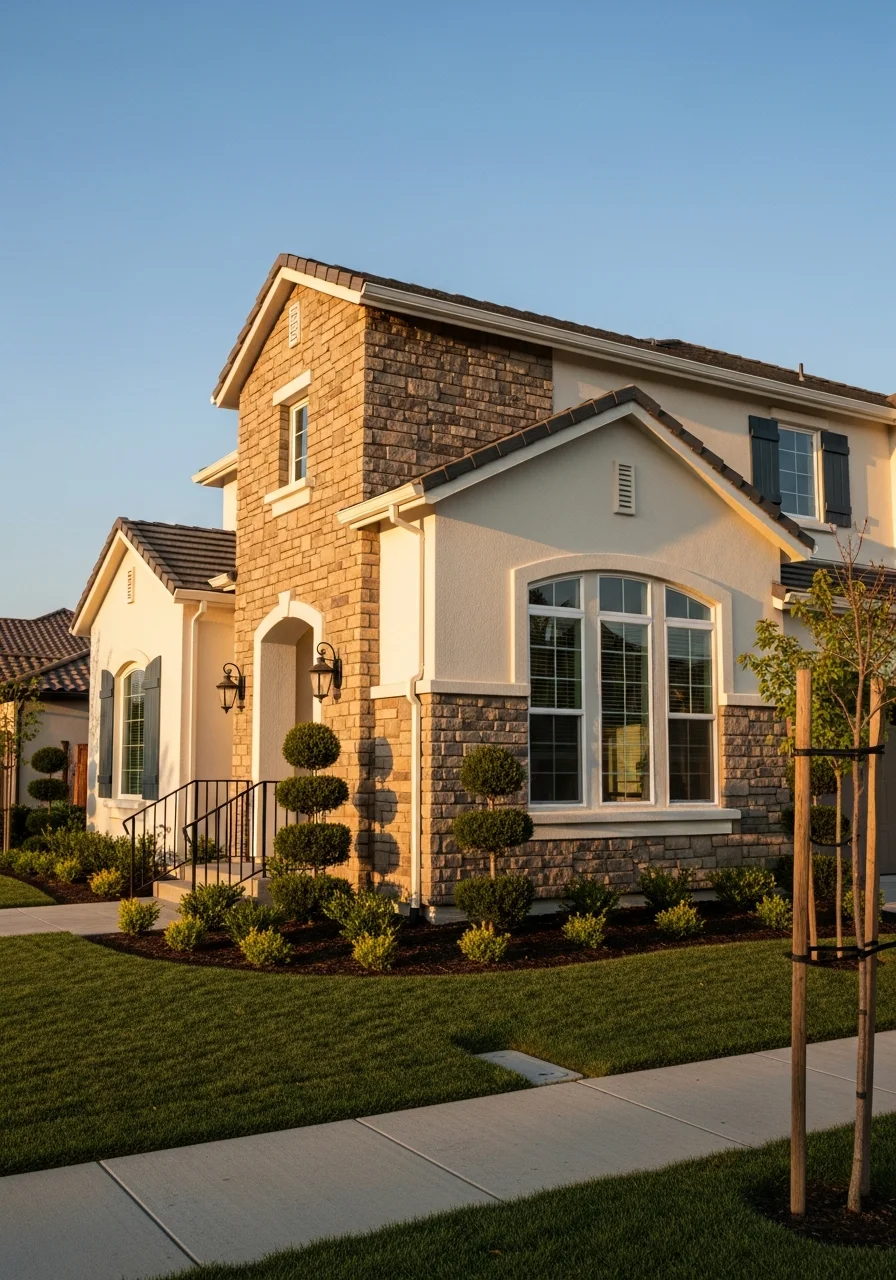 Detail of a Livermore home exterior with quality finishes and professional landscaping.
