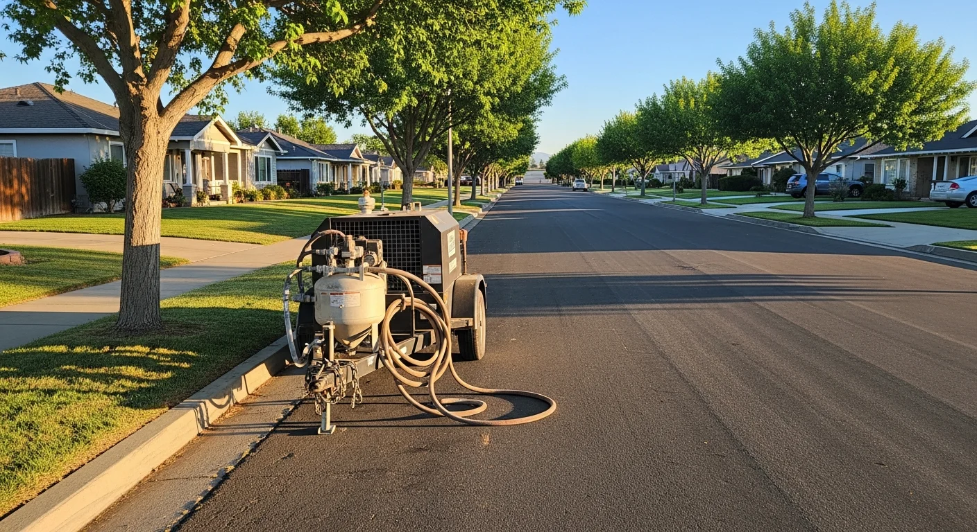 Modesto residential street with tree-lined homes and clear blue sky, showing typical Central Valley architecture.