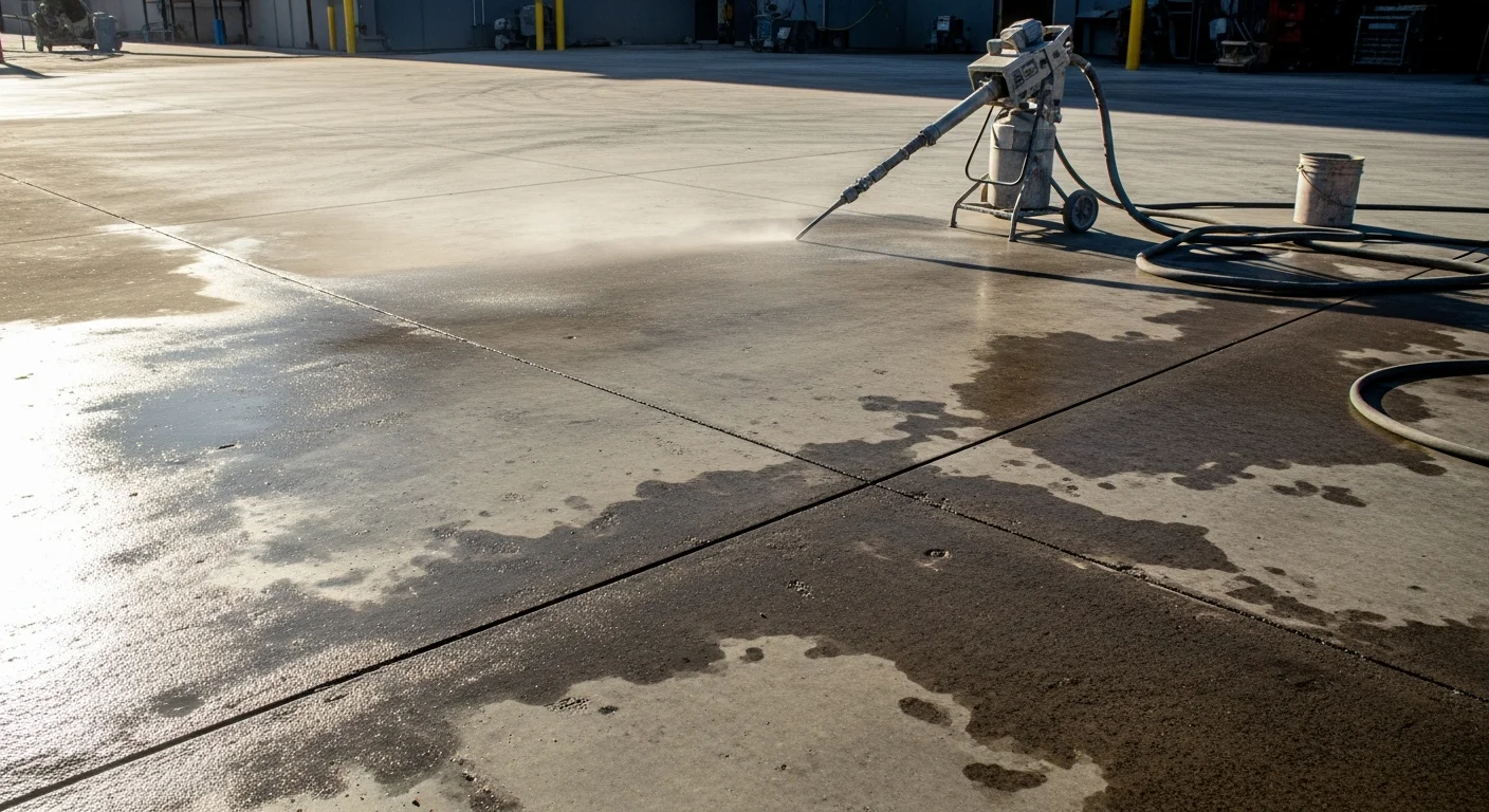 A Modesto commercial concrete slab after wet blasting, showing a clean, uniform gray surface free of oil stains and old coating residue. A Capital Wetblasting crew member operates blasting equipment on a large industrial floor in the Central Valley.