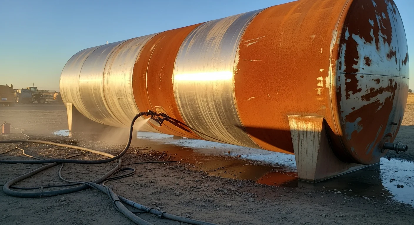 Close-up of a steel equipment frame after wetblasting corrosion removal at a Modesto industrial facility, showing clean bare metal ready for protective coating. A Capital Wetblasting technician operates blasting equipment on-site alongside large agricultural processing machinery.