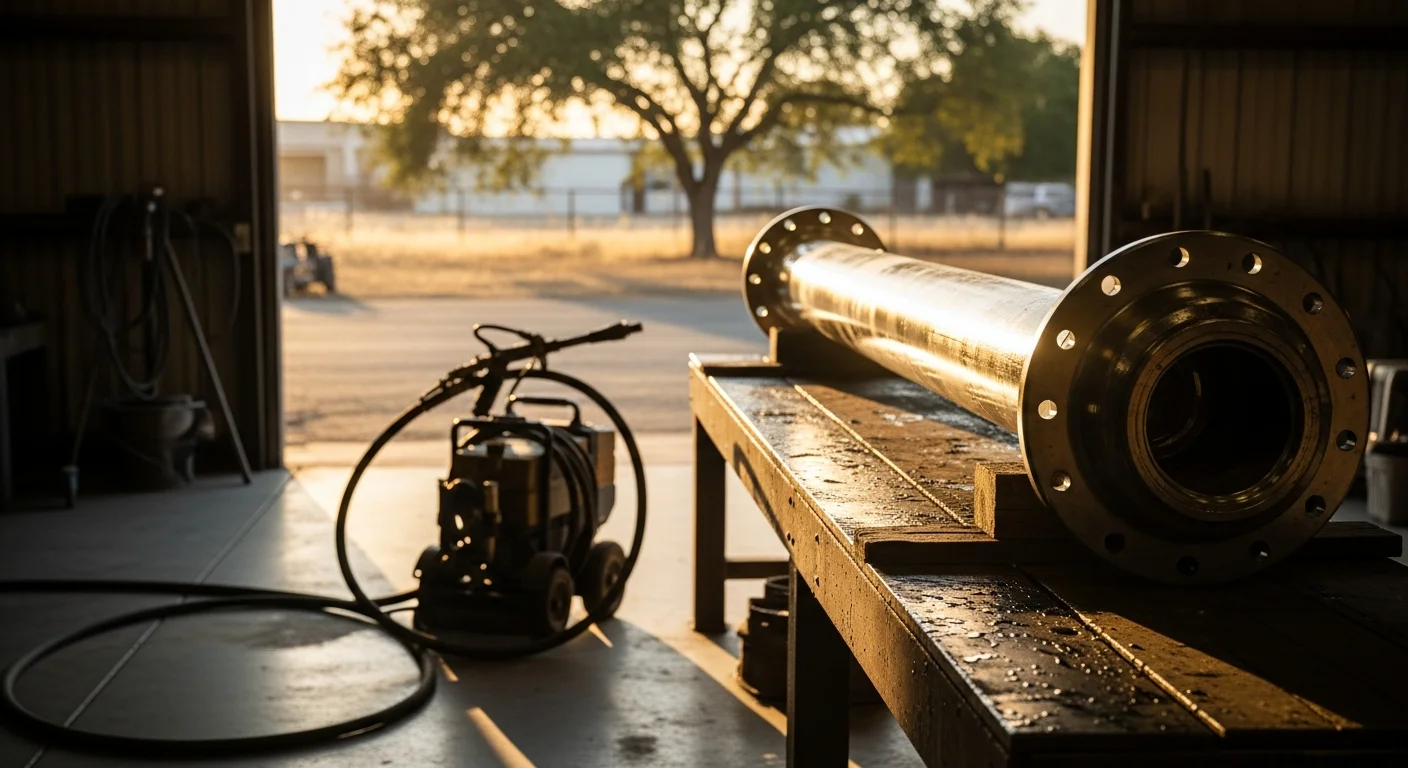 Industrial equipment with rust and old coating stripped to bare metal by wetblasting at a Modesto facility. Mobile blasting unit positioned alongside large agricultural machinery on a Central Valley job site.