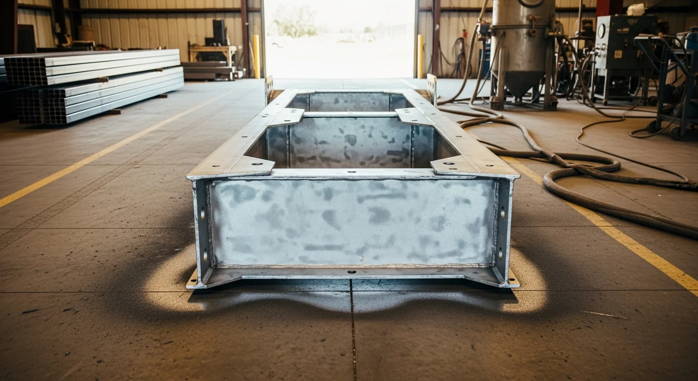 An industrial equipment frame stripped to bare metal after wetblasting service by Capital Wetblasting in Modesto, California. The cleaned metal surface shows a uniform profile ready for protective coating application.