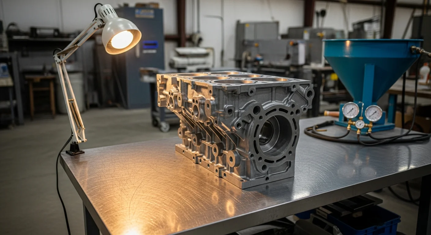 Close-up of a metal engine component with a smooth, uniform satin finish after glass bead blasting at a Modesto sandblasting facility. The surface is clean and free of rust, scale, and machining marks, ready for powder coating or assembly.