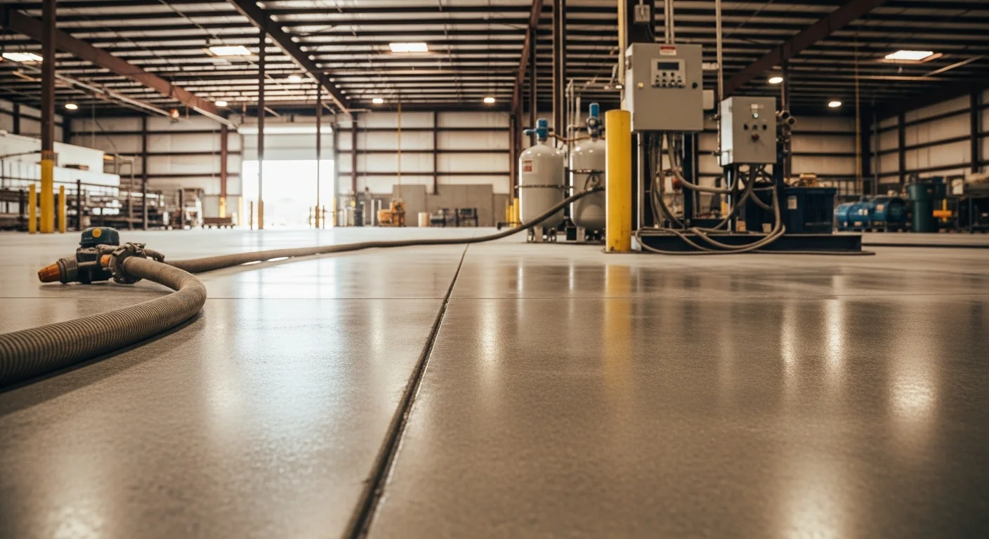 A Modesto industrial warehouse concrete floor after wetblasting surface preparation, showing a clean, uniformly profiled slab free of oil staining and old coating residue. Capital Wetblasting equipment is staged nearby inside a large Central Valley distribution facility.