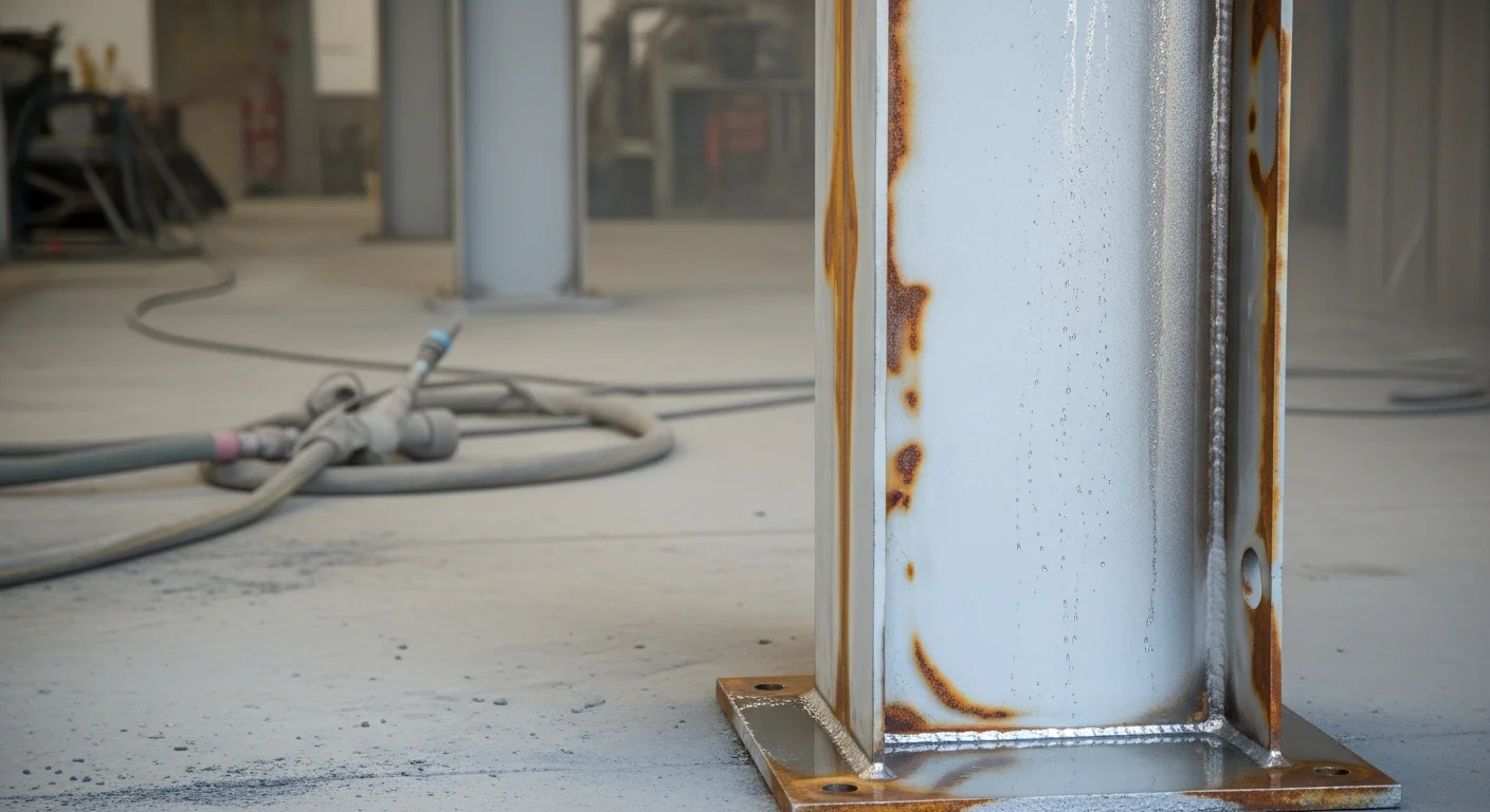 A metal agricultural equipment frame in Modesto, California with rust and old paint fully stripped to bare metal after sandblasting. The cleaned surface shows an even, textured profile ready for protective coating application.