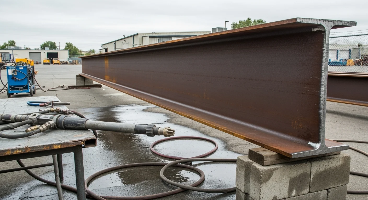 Structural steel beams at a Modesto industrial facility after wetblasting, showing clean bare metal with visible surface profile ready for protective coating application.