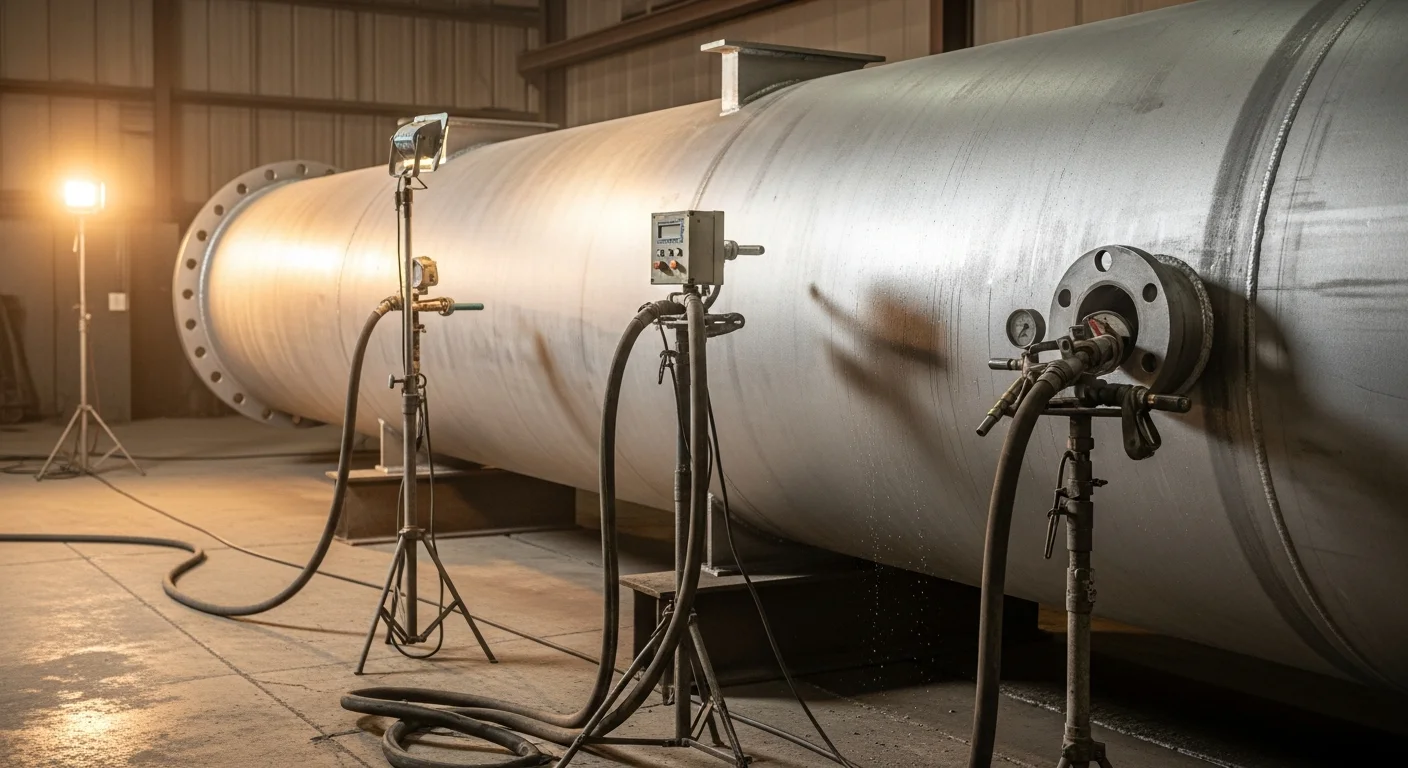 A wetblasting technician in protective gear preparing a corroded steel surface at a commercial facility in Modesto, California. The substrate shows a clean, profiled finish where blasting has removed rust and old coating, ready for a new protective application.