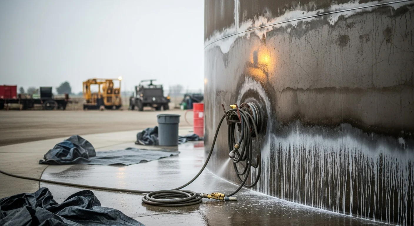 A steel industrial storage tank in Modesto, California with rust and old coating stripped to bare metal by wet blasting surface preparation. Close-up view shows a clean, profiled metal surface ready for protective coating application.