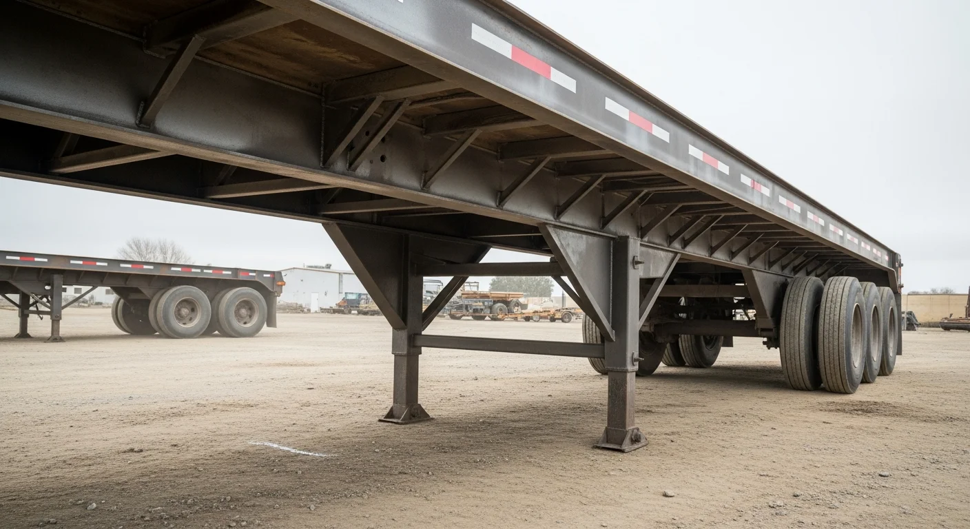 A flatbed trailer frame after wet blasting restoration at a Modesto industrial facility, showing bare clean metal on the cross members and undercarriage with all rust and old coating removed. The surface is uniformly profiled and ready for protective coating application.
