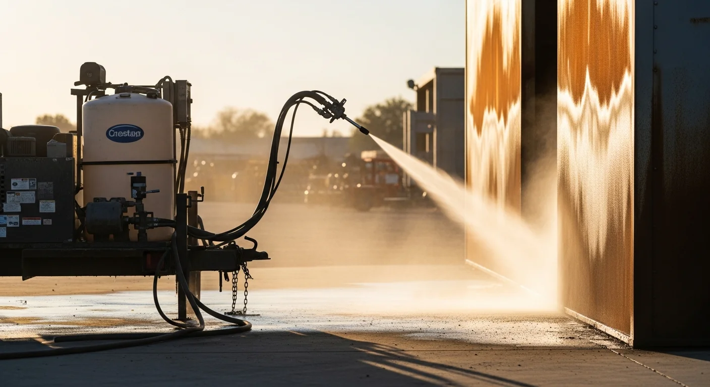 A mobile wet blasting unit stripping paint from a concrete pool deck at a Modesto property, with no visible dust cloud around the work area. The stripped surface shows clean, bare concrete ready for recoating.